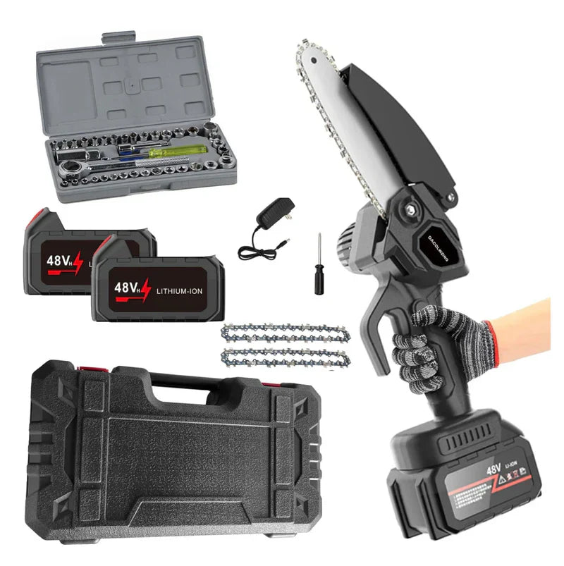 Mini Motosierra Portátil Profesional + 1 Baterías Recargables + Maletín con Juego de Rache 40pcs
